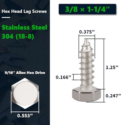 12-Sets 3/8 x 1-1/4" Hex Head Lag Screws & Flat Washers, Heavy Duty Lag Wood Screws, 304 Stainless Steel (18-8), 3/8" Bolt - size: 3/8 x 1-1/4