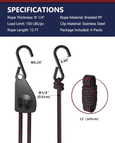 Ratchet Tie Down Straps, 1/4" Adjustable Rope Hangers 4 Pack, 12FT Tie-Down - size: 1/4" 4-Pack