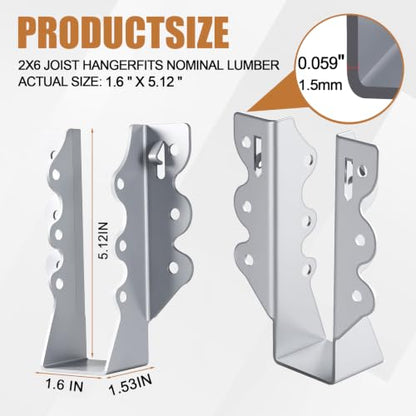 2x6 Joist Hangers Galvanized 60 Pcs,16 Gauge Face Mount Joist Hanger - size: 2" x 6"