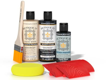 Retique It Muli-Purpose Wood Finish Kit - GO Beyond Faux Wood with Paintable Liquid Wood Based Primer and Gel Stain - Graining Tools Included (2X 8oz, Classic Black) - color: 10 Classic Black, size: Small Kit