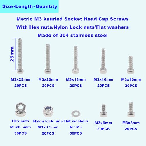 M3 304 Stainless Steel Knurled Hex Socket Cap Screw Nut Washer Kit - size: M3