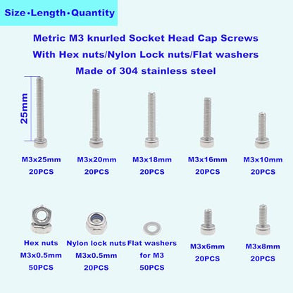 M3 304 Stainless Steel Knurled Hex Socket Cap Screw Nut Washer Kit - size: M3