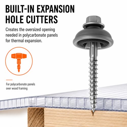 Polycarbonate Tapping Screws for Wood – 2" Outdoor Screws with Expansion Cutters & Sealing Dome Washers – Waterproof, Anti-Corrosion – Fencing & Exterior Projects 50 Pack