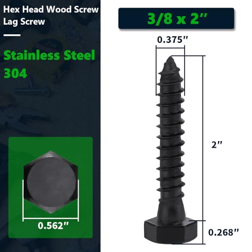 10-Sets 3/8 x 2 Black Hex Head Lag Screws & Flat Washers, Heavy Duty Wood Lag Screws, 304 Stainless Steel (18-8), 3/8" Bolt - size: 3/8 x 2