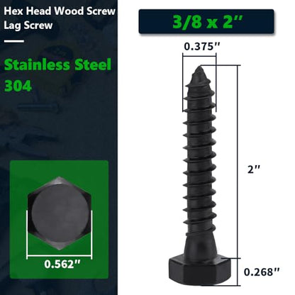 10-Sets 3/8 x 2 Black Hex Head Lag Screws & Flat Washers, Heavy Duty Wood Lag Screws, 304 Stainless Steel (18-8), 3/8" Bolt - size: 3/8 x 2