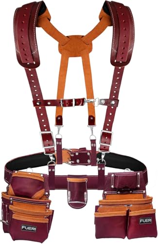 FUERI Leather Tool Belts with Suspender for Men, Heavy-Duty Durable Carpenter Tool Rig Organizer With 19 Pockets-2 Pouches, Padded Suspender, Hammer Holder, D-Loops & Foam-Padded Belt Electricians - color: Maroon Tool Belt With Maroon Suspender