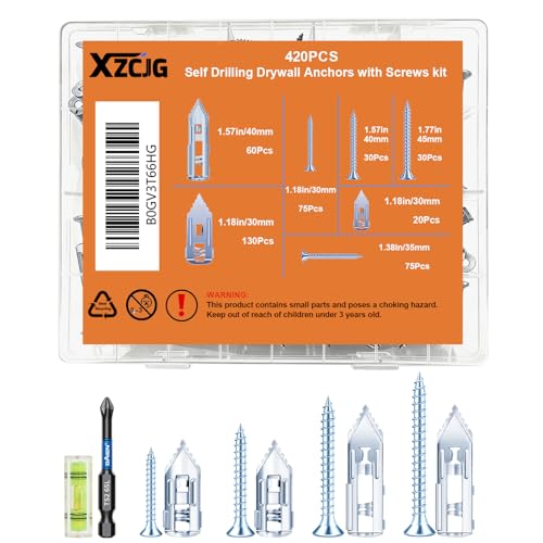 Self Drilling Drywall Anchors with Screws for Shelf, Mirror,Picture Frames - color: Silver-420Pcs