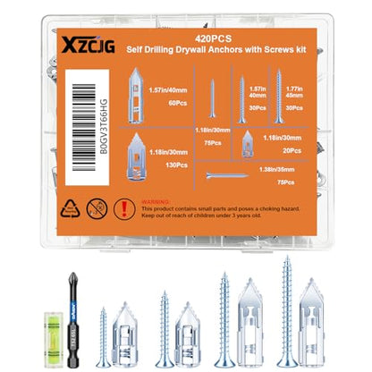 Self Drilling Drywall Anchors with Screws for Shelf, Mirror,Picture Frames - color: Silver-420Pcs