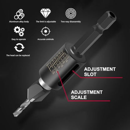 Countersink Drill Bits Set, 4PCS 4-Flute HSS M2 Bits with Depth Stop - color: Red