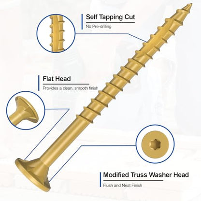 #8 x 1-1/2” Deck Screws, 250Pcs Star Drive Wood Screws - color: Yellow, size: 1-1/2 Inch