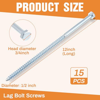 Tandefio (15 Pack) 1/2" x 12" Lag Bolt for Wood Heavy Duty Lag Screws Zinc Plated 1/2 x 12 Inch Hex Head Lags Bolts Galvanized Partial Thread Bright Finish Outdoor Camping Trip to Hold Down Tent - size: 1/2" x 12"