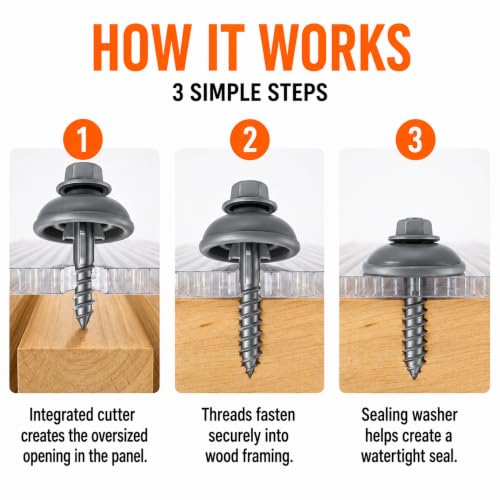 Polycarbonate Tapping Screws for Wood – 2" Outdoor Screws with Expansion Cutters & Sealing Dome Washers – Waterproof, Anti-Corrosion – Fencing & Exterior Projects 50 Pack