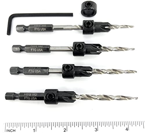 FTG USA #10(3/16") Wood Countersink Drill Bit 4-Pc Set with 3/8" Depth Stop - size: #10, style: 4 Pc with Depth Stop