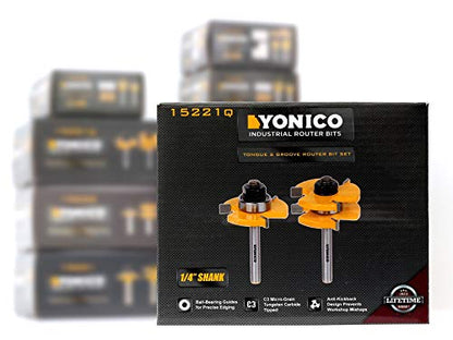 YONICO Tongue and Groove Router Bits Set Up to 3/4-Inch Stock 1/2" Cutting Depth 2 Bit Set 1/4-Inch Shank for Edge-to-Edge Hardwood Flooring, Paneling, Cabinet Door, Plywood Sheathing 15221q - style: Up to 3/4" Stock - 1/2" Depth - 1/4" Shank