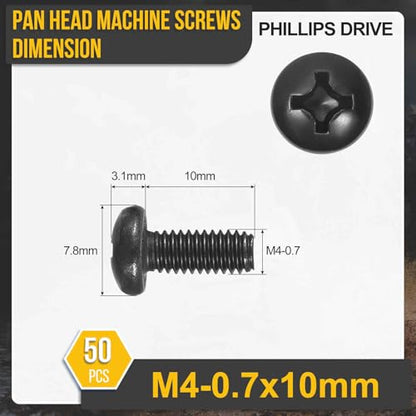 DTGN M4-0.7x10 Phillips Pan Head Machine Screws 304 Black 50pcs - color: Black, size: M4-0.7x10mm