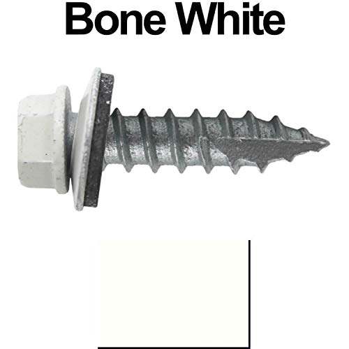 14 x 1 Bone White Metal Roofing Screws - Hex Washer Head- Self-Starting/Tapping - EPDM Washer. 1 x 250 Count Bag - 250 Screws - color: BONE WHITE, size: 1"
