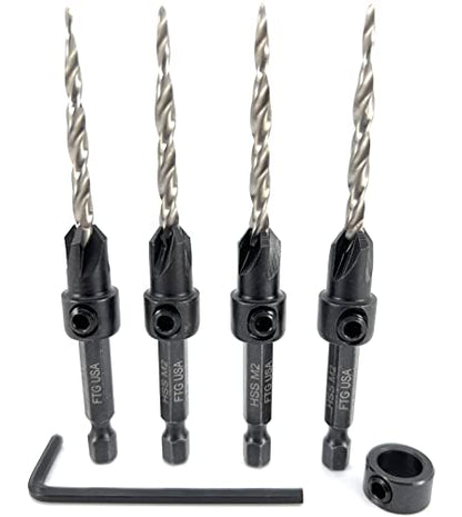 FTG USA #8(11/64") Wood Countersink Drill Bit 4-Pc Set with 3/8" Depth Stop - size: #8, style: 4 Pc with Depth Stop