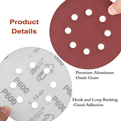 5-Inch 8-Hole Hook & Loop Sanding Discs 600-2000 Mixed Grit, 60-Pack