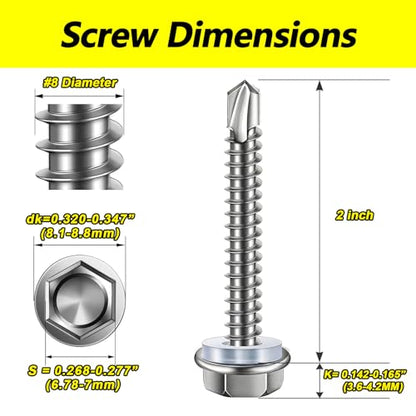 #8 x 2 Self Tapping Screws, 410 Stainless Steel Hex Washer Head (65pcs) - size: #8x2''-65Pcs