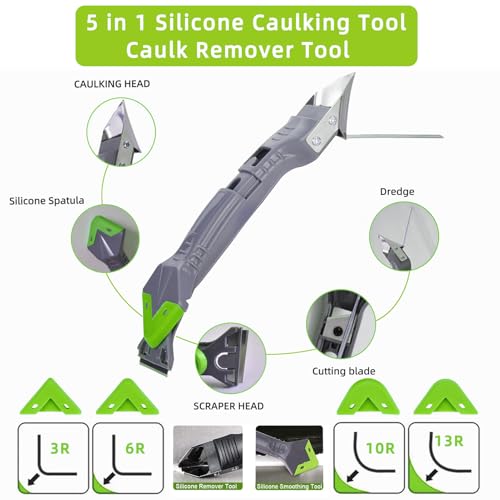 Caulking Tool Kit, Caulking Gun, 2 White/Clear Silicone Sealant with Gun - All-Purpose 100% Silicone Caulk (20 oz Tube), and 5 in 1 Scraper/Smoothing Tool, Sandpaper, Gloves and Masking Tape - color: 2 Clear+white Sealant