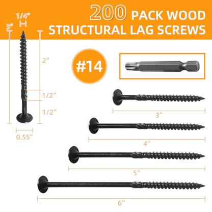 200Pcs Lag Screws #14 x 3 Inch, Heavy Duty Structural Wood Screws, Star Drive Decking Screw, Wooden Timber Screw for Timber Log Landscaping Wood with T30 Star Bit, Washer Head - size: #14 x 3"