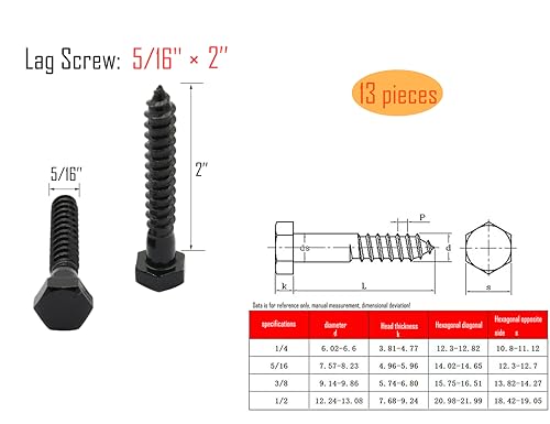 LBY 13pcs Lag Screws, 5/16" x 2" Hex Head Lag Screws Bolts (with Washers), Heavy-Duty Wood Screws for Decking & Structural Fastening, 304 Stainless Steel, (Black) - size: 5/16" x 2"