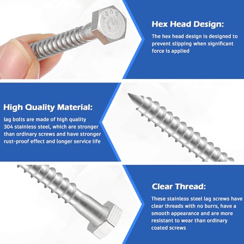Zonon 50 Pcs 3/8" X 3" 304 Stainless Steel Lag Screw for Wood, Silver - color: Silver, size: 3/8" X 3"