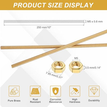 uxcell Brass Fully Threaded Rod M5x0.8mm Pitch Studs 250mm/10 Long - size: M5x0.8mmmm250mm