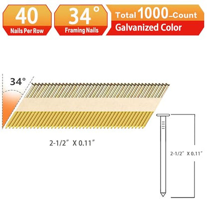 34°Framing Nails,Galvanized,Ring Shank,2-1/2":1000pcs - size: 2-1/2"---1000PCS