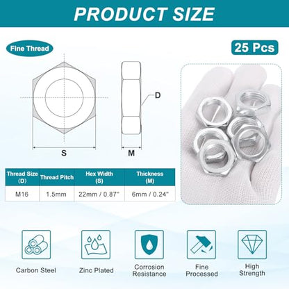 PATIKIL M16x1.5x6mm Steel Hex Nuts, 25Pcs Metric Fine Thread Carbon Steel Zinc Plated Finished Hardware Screw Nuts Fasteners for Machinery Manufacturing, Industrial Use, 22mm Width - size: M16x1.5x6mm