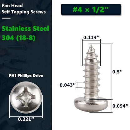 #4 x 1/2" (100 Pack) Stainless Steel Phillips Pan Head Wood Screws, Stainless Steel 304 (18-8), Pan Head Sheet Metal Screws Self Tapping for Wood - size: #4 x 1/2"