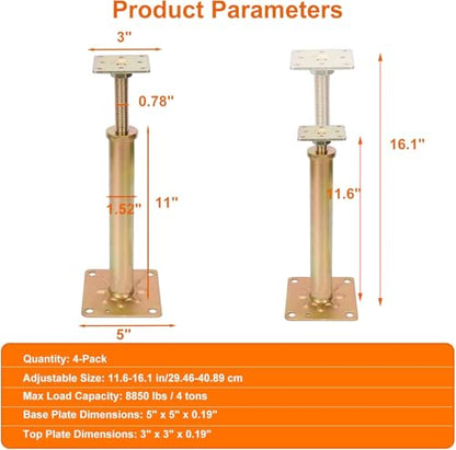 4 Pcs Adjustable Floor Jack House Floor Jacks Post Pole Galvanized House Jacks for Leveling, 11" - 16" Height Range, Load 6500-8850 Lbs Each, Telescoping Jack for Temporary Support - size: 11-16 inch