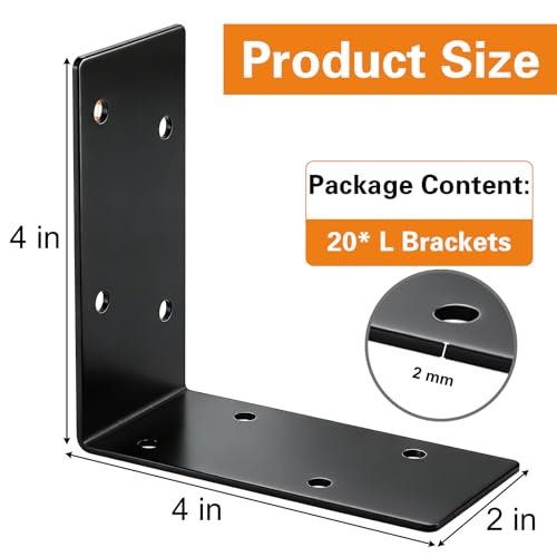 ZENFUN 20Pcs 4x4x2 Inch Heavy Duty Corner Brackets, Black L Brackets for Wood Shelves, 2mm 90 Degree Right Angle Bracket, Metal Corner Brackets for Furniture, Bed, Shelf Bracket