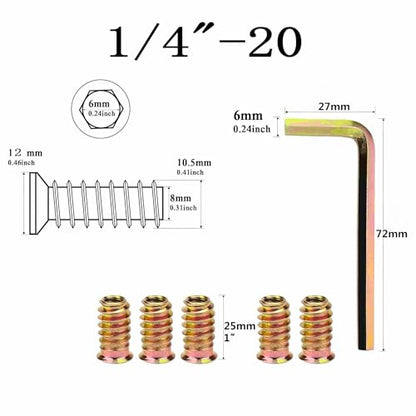 40Pcs 1/4"-20 x 25mm Furniture Screw in Nut Threaded Wood Inserts Bolt Fastener Connector Hex Socket Drive for Wood Furniture Assortment (with Hex Spanner) - size: 1/4"-20 x25mm