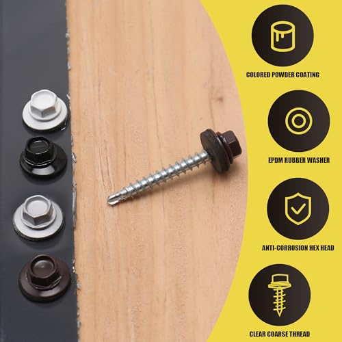 250PCS #10 x 1-1/2" White Hex Head Self-Drilling Metal Roofing Screws - color: White, size: 1-1/2 in