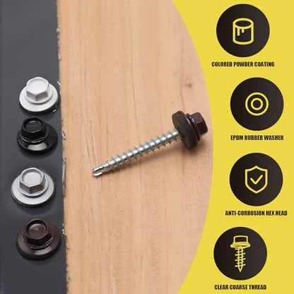 250PCS #10 x 1-1/2" Black Hex Head Self-Drilling Metal Roofing Screws - color: Black, size: 1-1/2 in