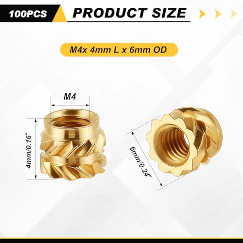 Yaocom 100 Pcs M4 Threaded Inserts M4 x D6 x L4 Heat Set Inserts - size: M4 X D6 X L4