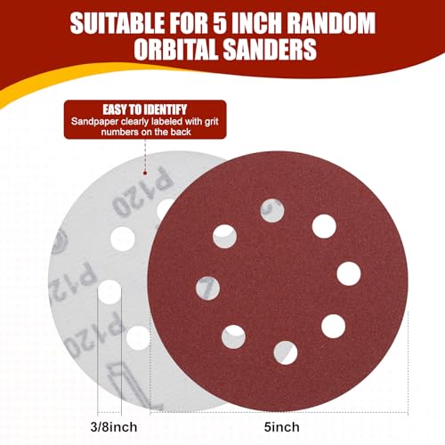 YNZDRWA 70 PCS 5 Inch 8-Hole Sanding Discs, 9 Mixed Grits
