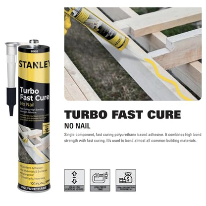 Stanley Turbo Fast No Nail Adhesive -2X10.1 fl.oz. - Polyurethane Heavy Duty Construction Adhesive for All Surface and All Materials, Waterproof, Instant GRAP, Weather Resistant, 2 Pack - size: 10.1 Fl Oz (Pack Of 2)