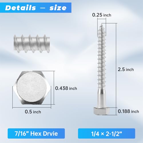 Glvaner (20 pcs) 1/4" x 2-1/2" Stainless Steel Hex Head Lag Bolts, Hexagonal Head Lag Screws, 304 Stainless Steel 18-8, Secure Hold for Wood - size: 1/4 x 2-1/2"