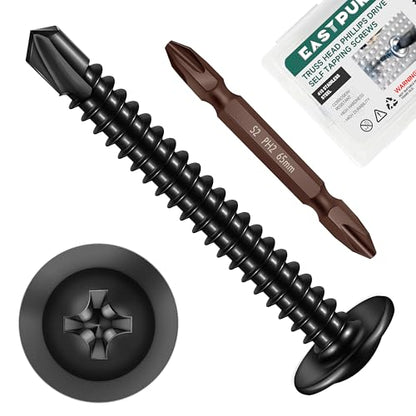 #8 x 1-1/2" Black Self Tapping Screws for Metal, Truss Head Phillips Drive 410 Stainless Steel Self Drilling Sheet Metal Screws with Drill Bit, Fast Tapping (Box of 100) - color: Black, size: #8 x 1-1/2"