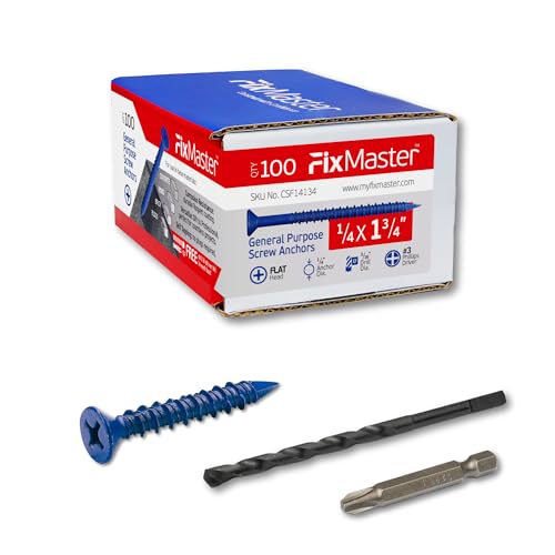 1/4 x 1-3/4" Countersunk Phillips Flat Head Blue Concrete Screw Anchors (100 pcs Screw Kit) with one Screwdriver and Drill Bit for Concrete, Masonry, Block, Brick and Wood Fastening - size: 1/4 x 1-3/4 in