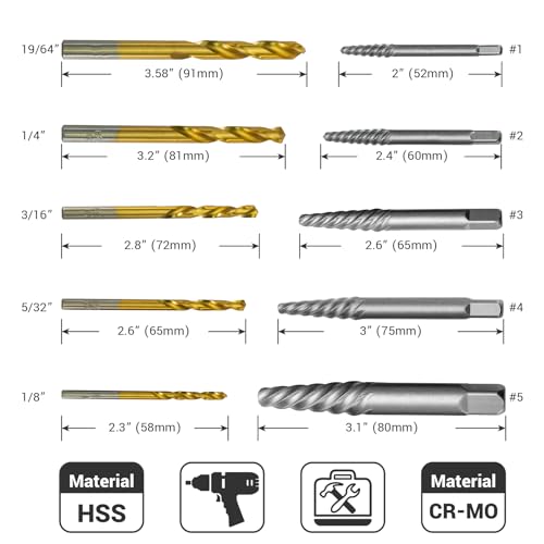 EWK 10 Pcs Screw Extractor Set with HSS Left-Hand Drill Bit, CR-MO Spiral Screw Removal Tool for Stripped, Broken, Damage Rust Screws - style: 10 Pcs Drill Bit Set
