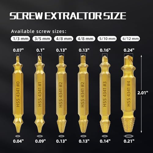 RENYU 6pcs Damaged Screw Extractor Kit, HSS 4341, 4-Flute