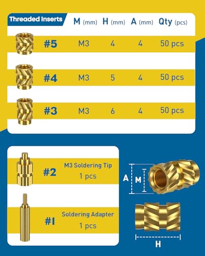 152 Pcs Threaded Inserts for Plastic, 3 Sizes of M3 Heat Set Inserts with Soldering Tip & Adapter, Brass Heat Inserts, Metric Knurled Nut Inserts Kit for 3D Printing Components