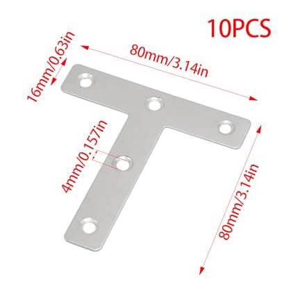 10 pcs 3.14InchT-Shaped Silver Durable Mending Plate, Stainless Steel T Shaped Corner Brackets Flat Repair Plate with Screws, Versatile Joining Plate for Wood Furniture/Cabinet and Desk Users - size: 8cm/3.14inch