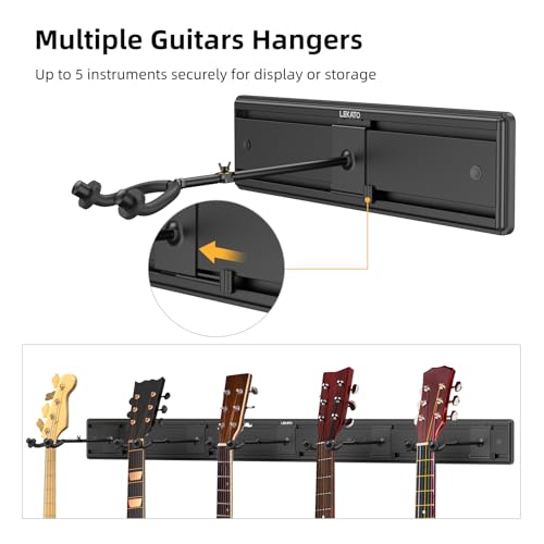 LEKATO Guitar Wall Mount Hagers for Multiple Guitars, 5 Adjustable Hangers Guitar Wall Rack, Fixed Clips, Aluminum Acoustic & Electric Guitars Rack, Bass Holder for Banjo, Mandolin