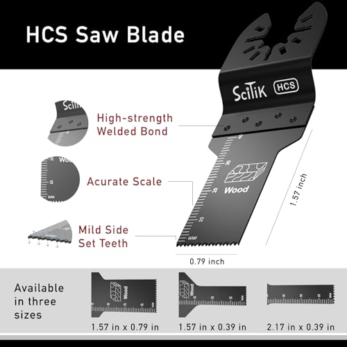 Oscillating Saw Blades – 9 Pcs Scitik HCS Narrow Width Multitool Blades Set, 3 Sizes (3/8" x1-1/2, 3/8"x2", 3/4" x1-1/2) for Precision Cutting in Wood and Plastic, Universal Quick Release