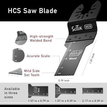 Oscillating Saw Blades – 9 Pcs Scitik HCS Narrow Width Multitool Blades Set, 3 Sizes (3/8" x1-1/2, 3/8"x2", 3/4" x1-1/2) for Precision Cutting in Wood and Plastic, Universal Quick Release