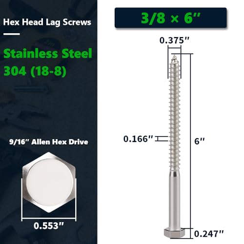 6-Sets 3/8 x 6 Hex Head Lag Screws & Flat Washers, Heavy Duty Lag Wood Screws, 304 Stainless Steel (18-8), 3/8" Bolt - size: 3/8 x 6